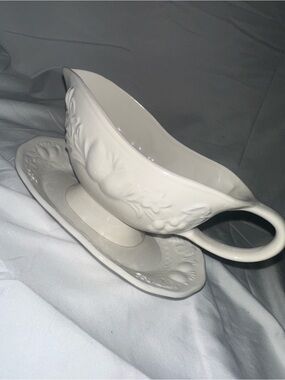 Vintage Century Japan White Ceramic Gravy Boat Underplate Embossed Fruit